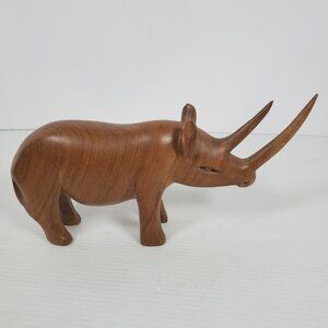 Vintage Hand-Carved Teak Rhino Figurine – Mid-Century Safari Animal Sculpture